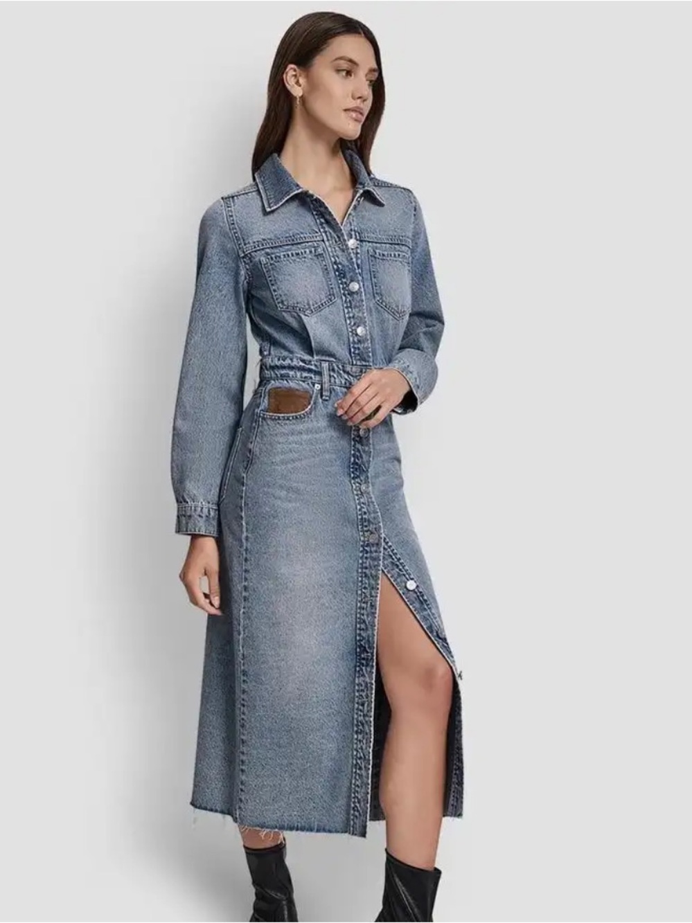 DKNY Frayed Denim Midi Shirt Dress  - Size L